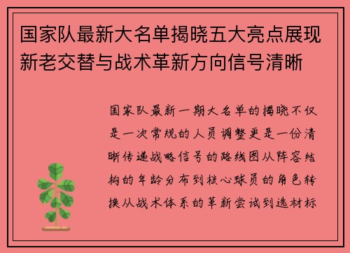国家队最新大名单揭晓五大亮点展现新老交替与战术革新方向信号清晰