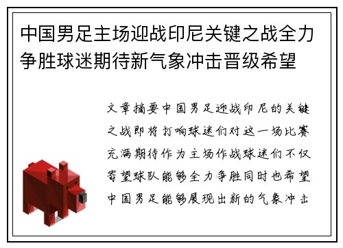 中国男足主场迎战印尼关键之战全力争胜球迷期待新气象冲击晋级希望